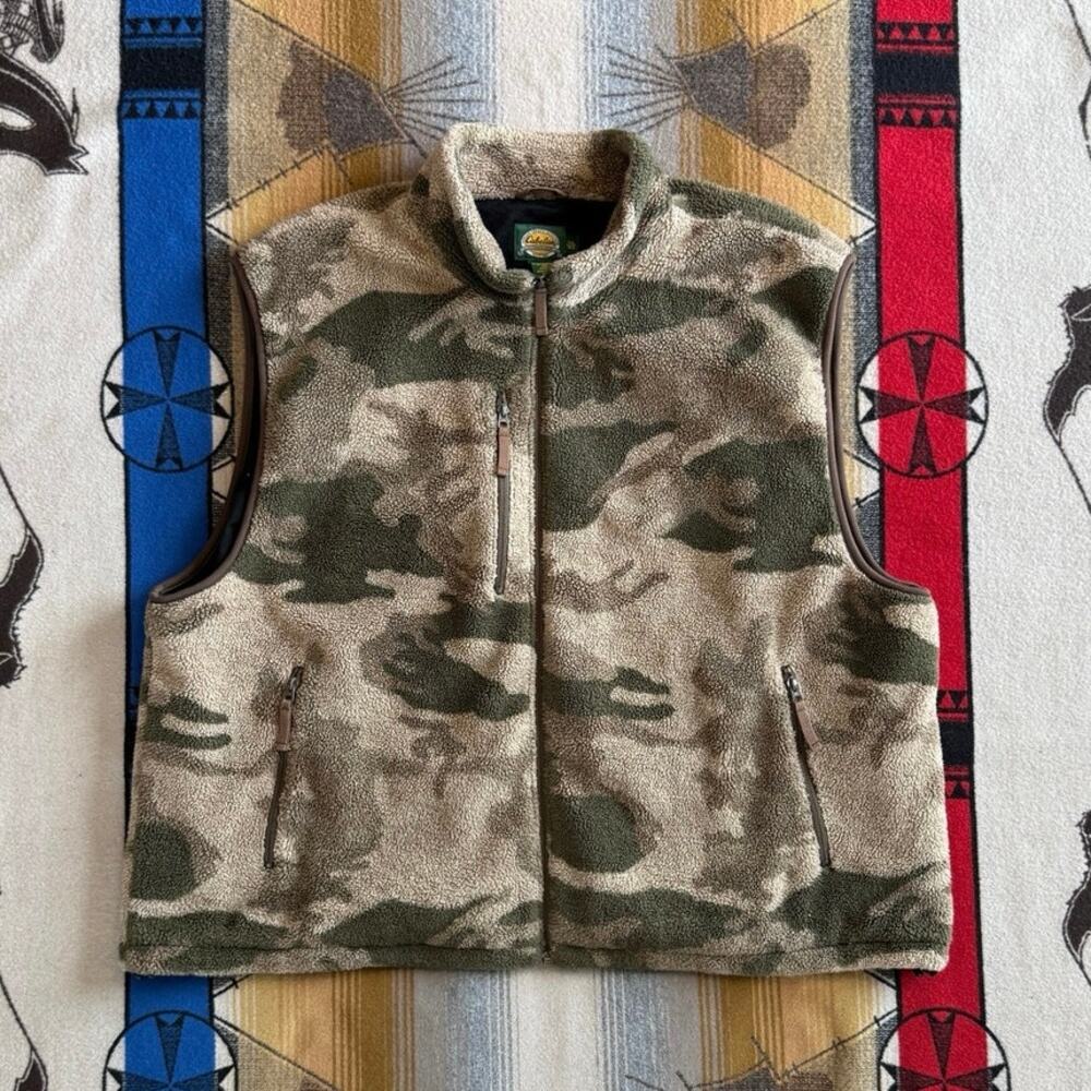 Cabelas Fleece Vest Mens 3XL Brown Camo Windstopper Hunting Gorpcore Sherpa